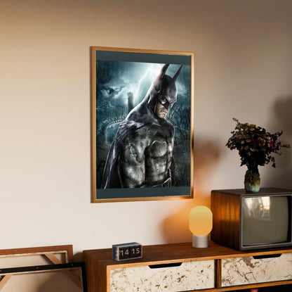Batman Arkham Asylum official key art poster in an oak frame above a sideboard