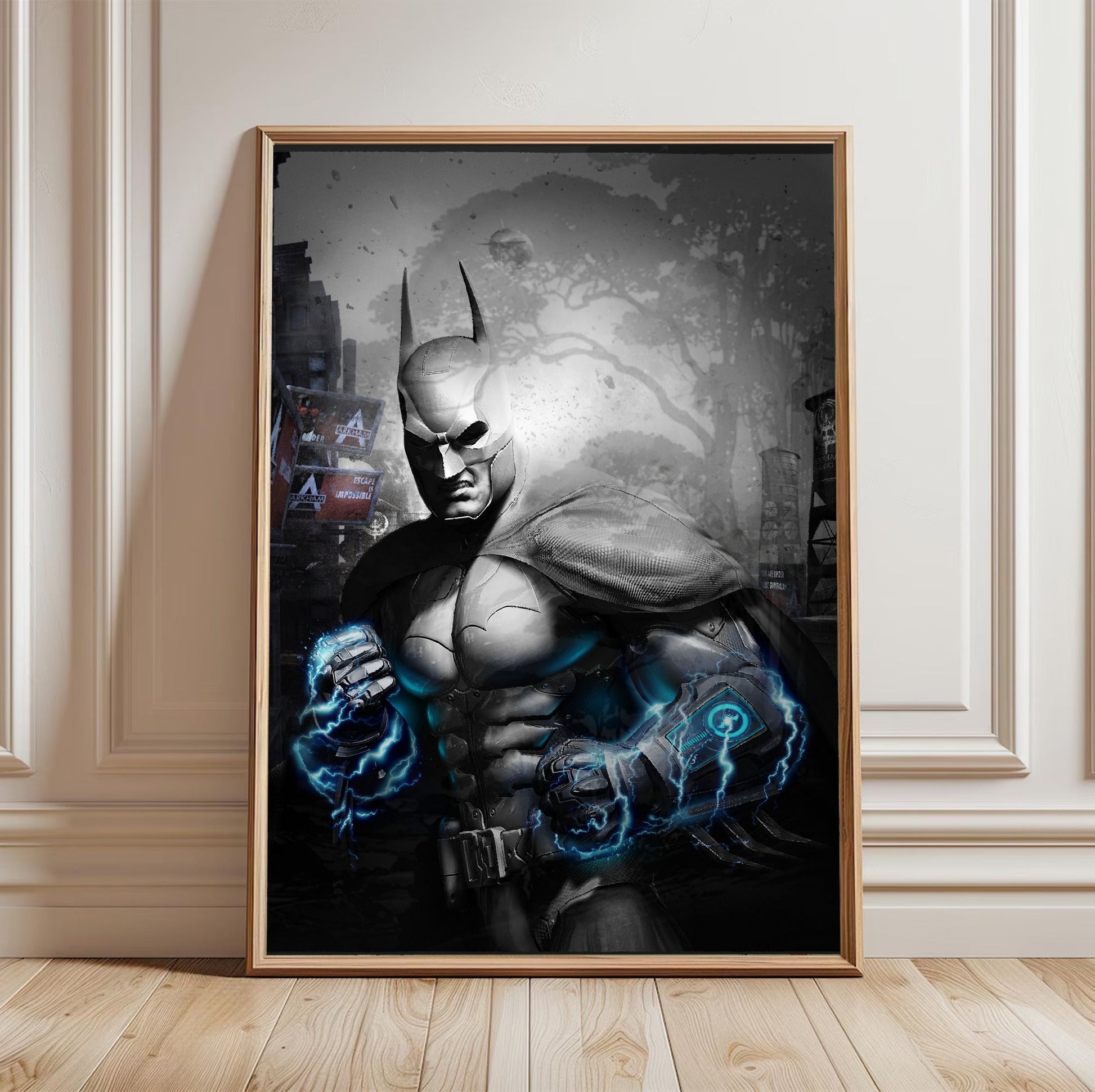 Batman Arkham City Armored Edition key art poster in a light oak frame leaning against a white wall