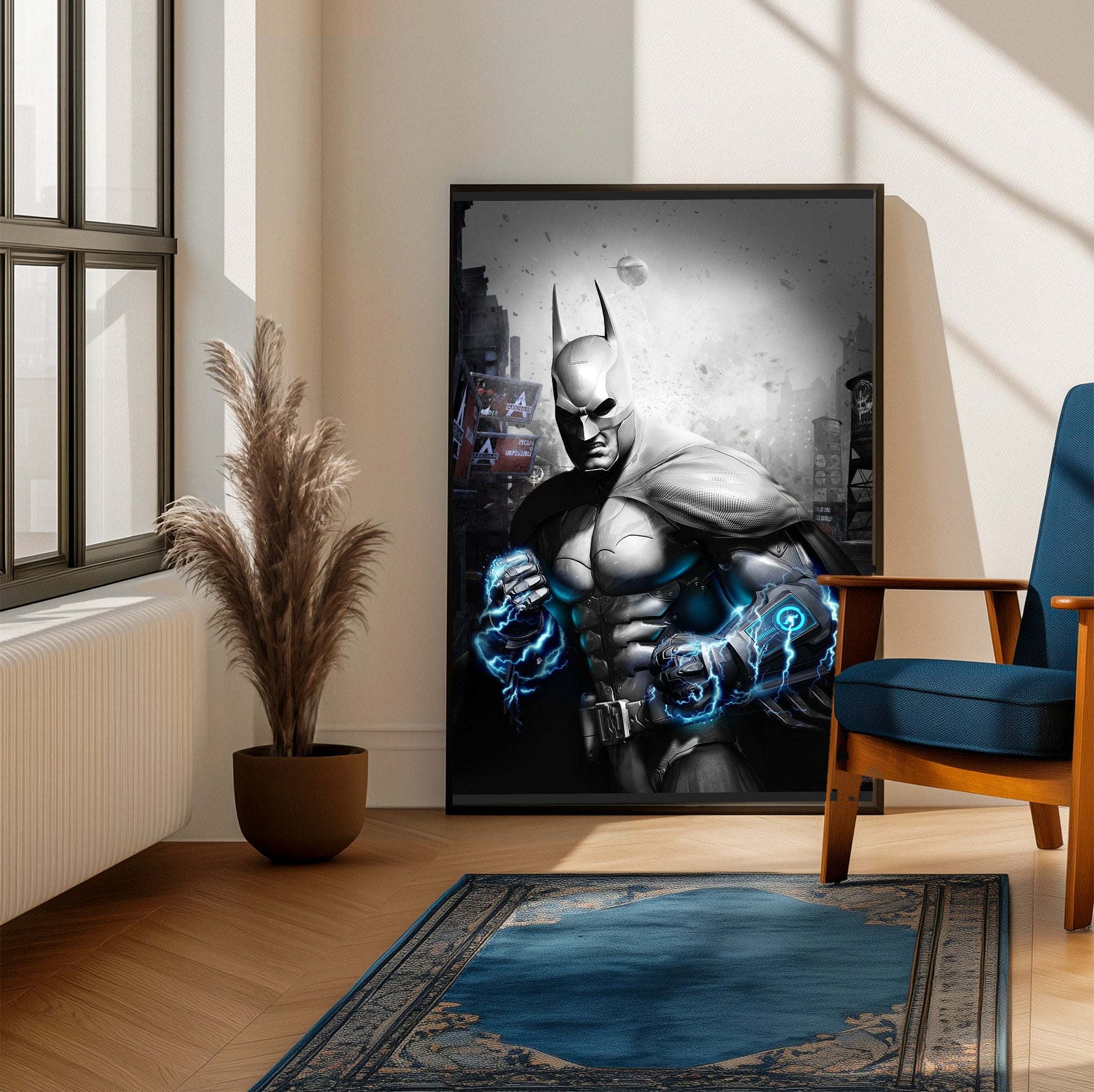 Batman Arkham City Armored Edition key art poster framed beside a blue armchair in a sunlit room