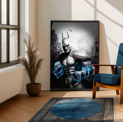 Batman Arkham City Armored Edition key art poster framed beside a blue armchair in a sunlit room
