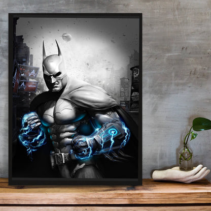 Batman Arkham City Armored Edition key art poster in a black frame on a wooden shelf against concrete