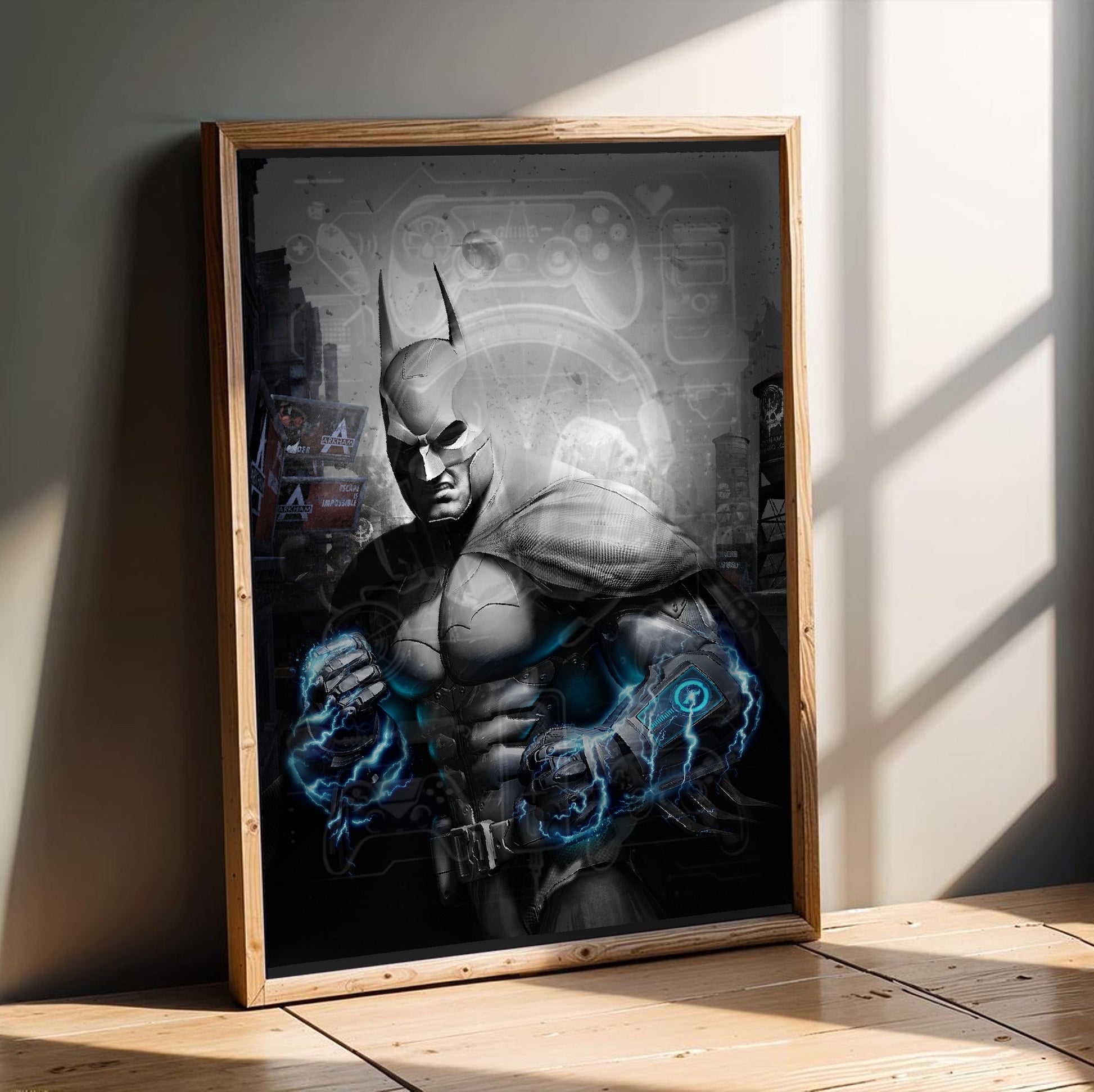 Batman Arkham City Armored Edition key art poster in an oak frame leaning on a wooden floor