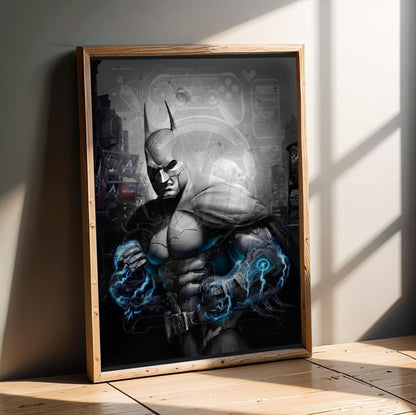 Batman Arkham City Armored Edition key art poster in an oak frame leaning on a wooden floor