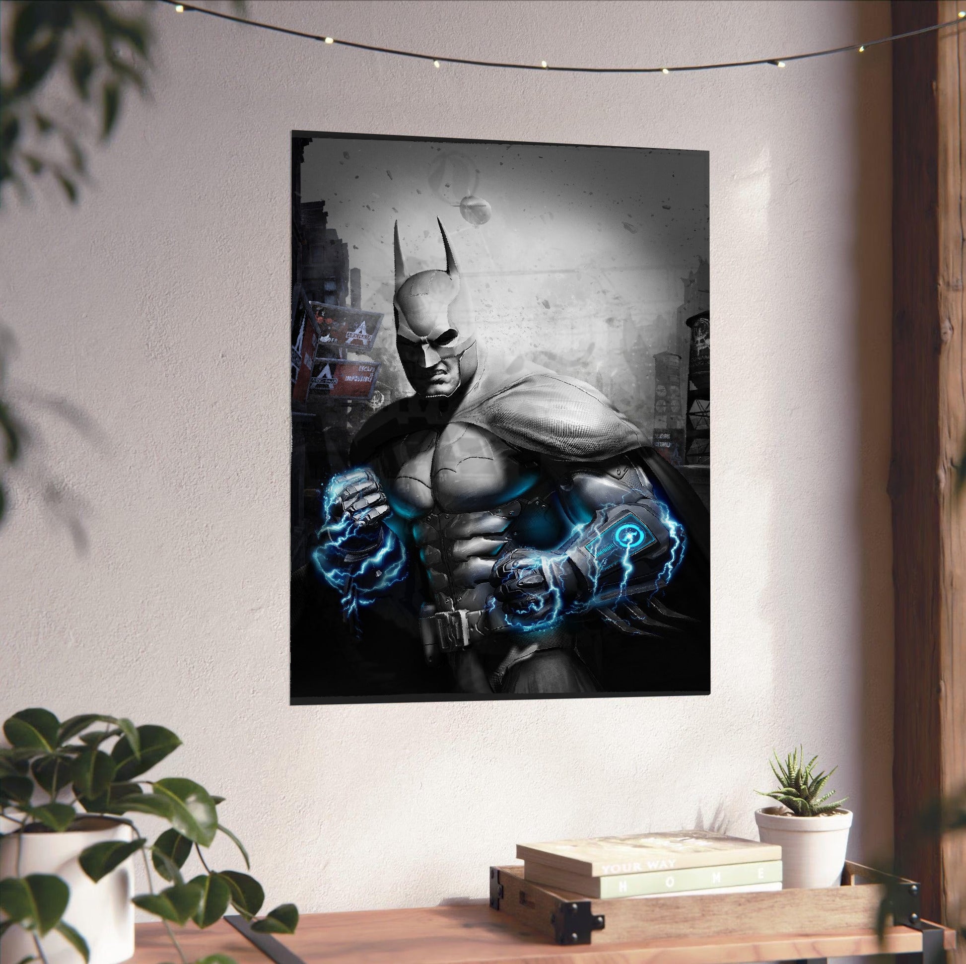 Batman Arkham City Armored Edition key art poster unframed on a white wall above a desk