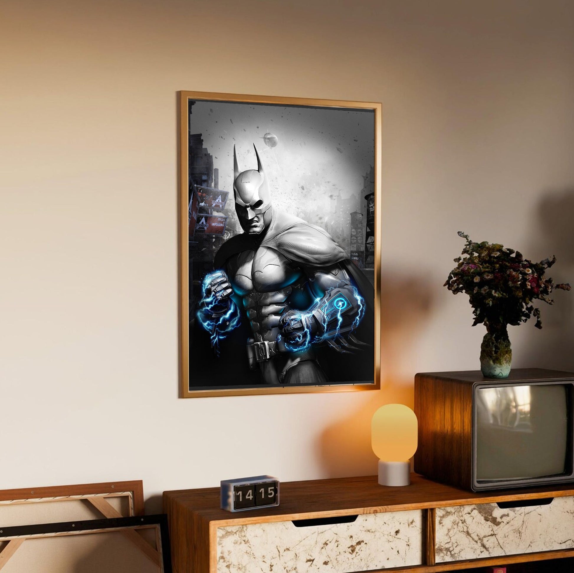 Batman Arkham City Armored Edition key art poster in an oak frame above a sideboard