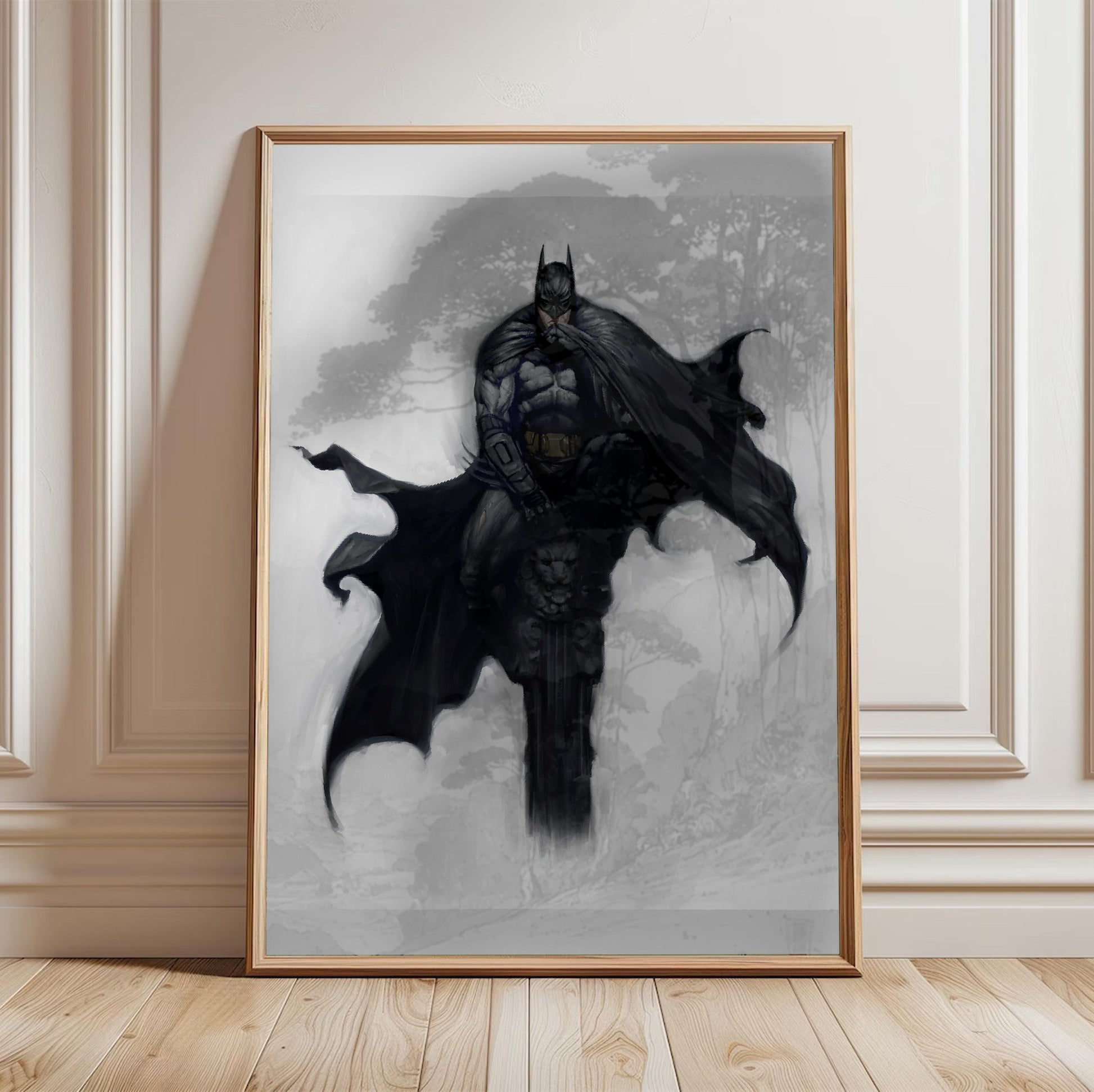 Batman Arkham City Batman concept art by Kan Muftic poster in a light oak frame leaning against a white wall