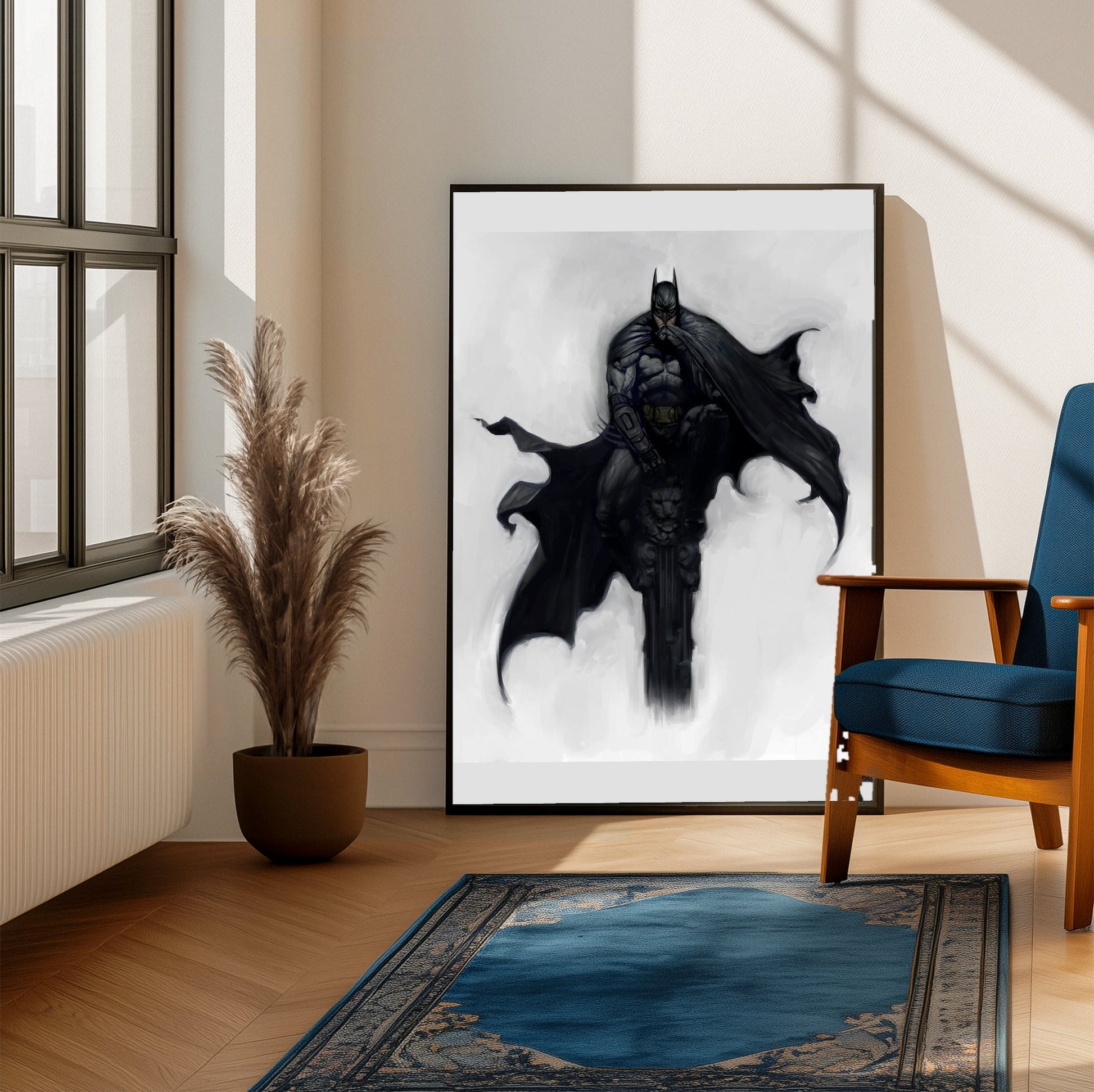 Batman Arkham City Batman concept art by Kan Muftic poster framed beside a blue armchair in a sunlit room