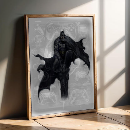Batman Arkham City Batman concept art by Kan Muftic poster in an oak frame leaning on a wooden floor