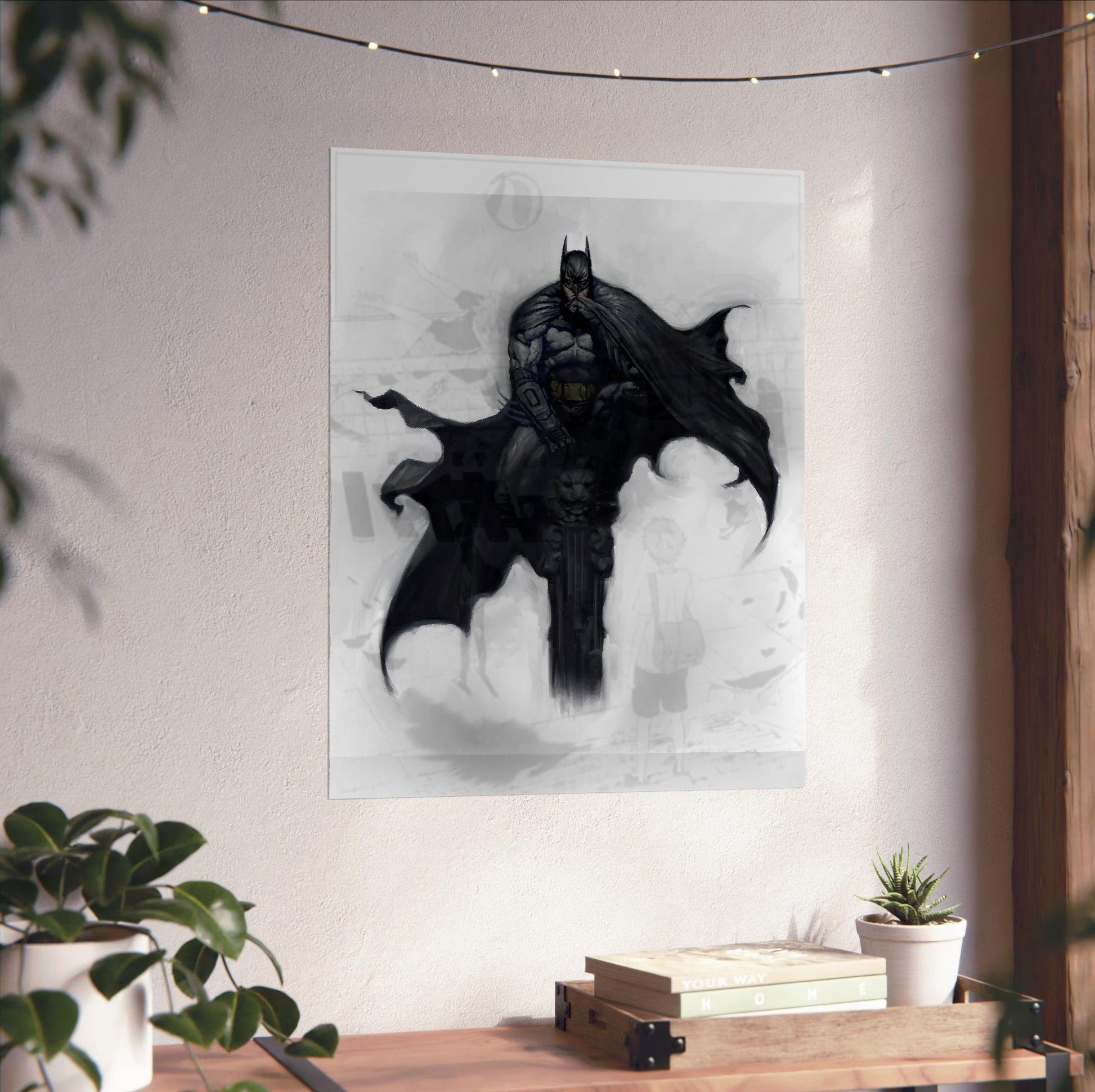 Batman Arkham City Batman concept art by Kan Muftic poster unframed on a white wall above a desk