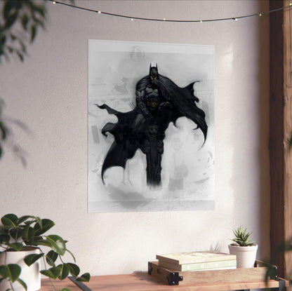 Batman Arkham City Batman concept art by Kan Muftic poster unframed on a white wall above a desk