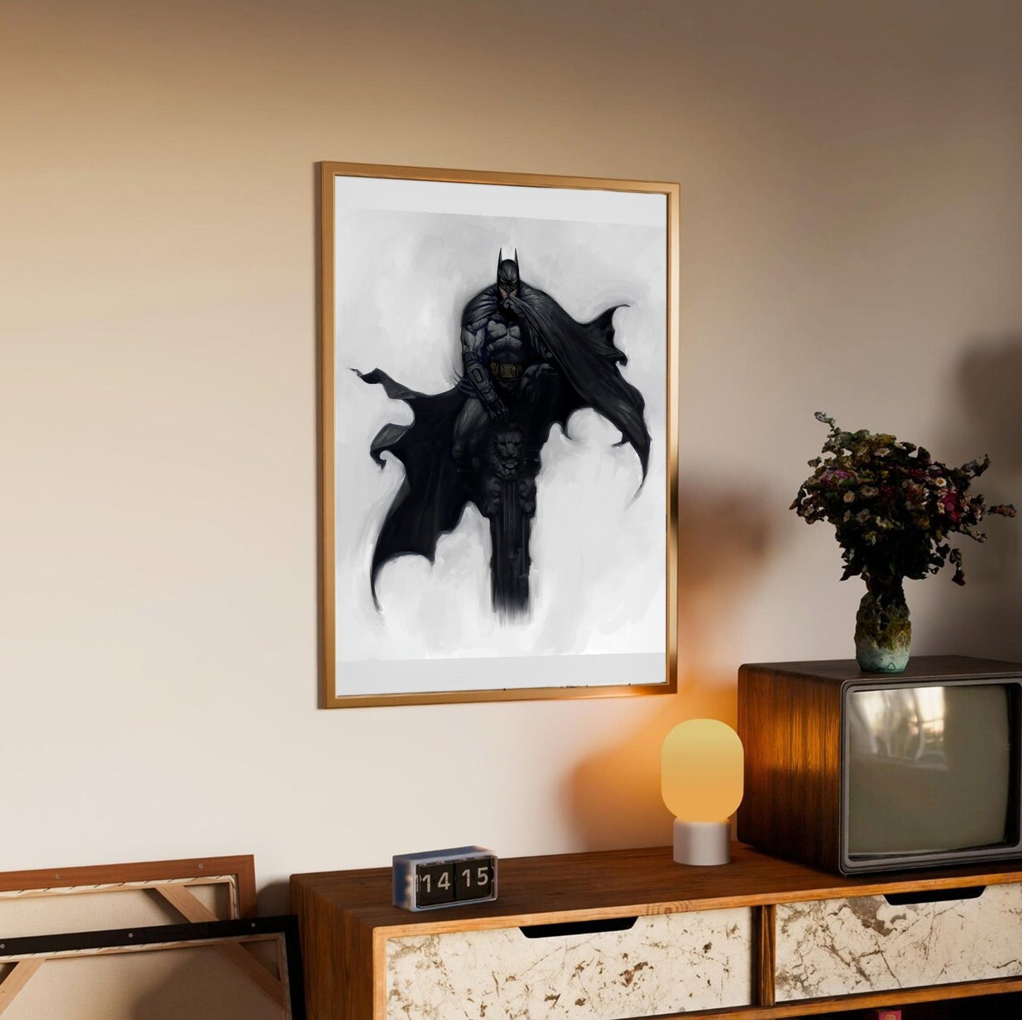 Batman Arkham City Batman concept art by Kan Muftic poster in an oak frame above a sideboard