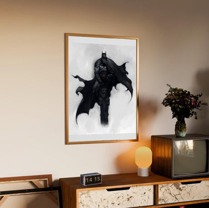Batman Arkham City Batman concept art by Kan Muftic poster in an oak frame above a sideboard