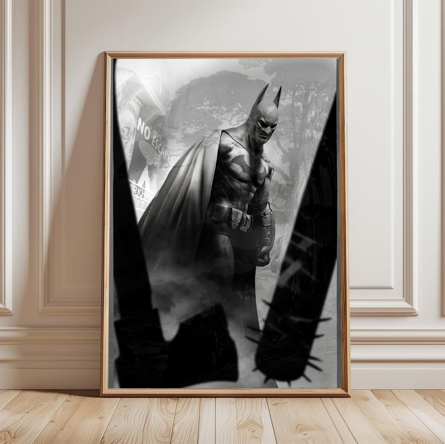 Batman Arkham City Batman vs thugs art poster in a light oak frame leaning against a white wall