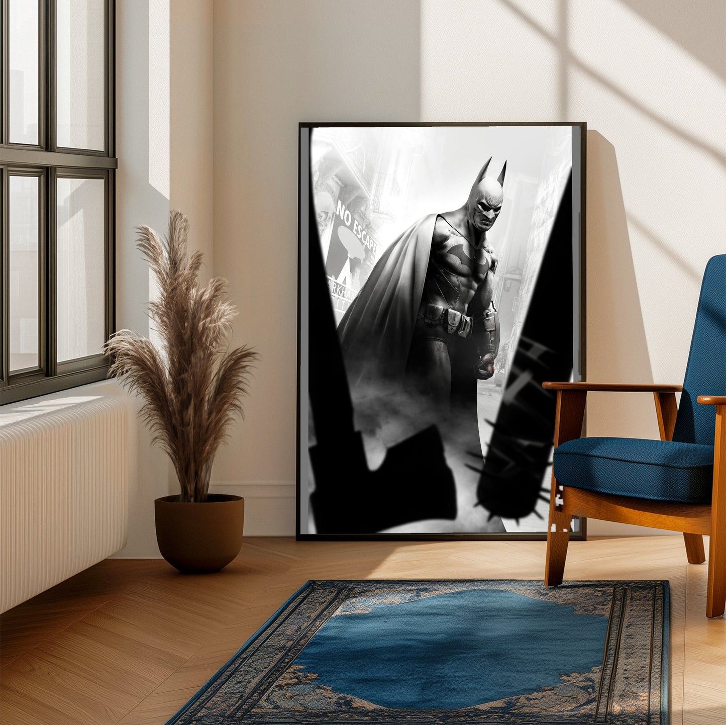 Batman Arkham City Batman vs thugs art poster framed beside a blue armchair in a sunlit room