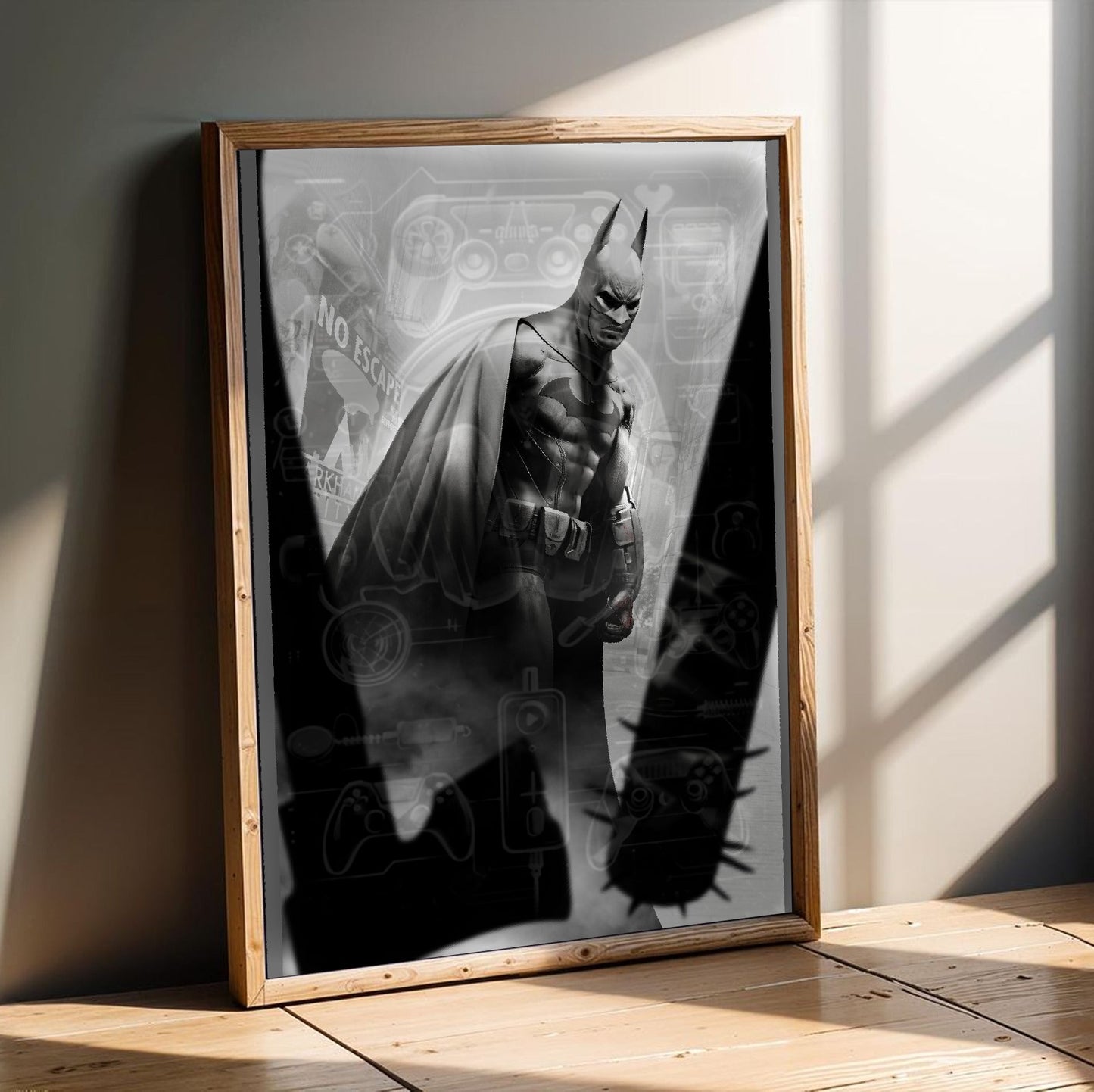 Batman Arkham City Batman vs thugs art poster in an oak frame leaning on a wooden floor