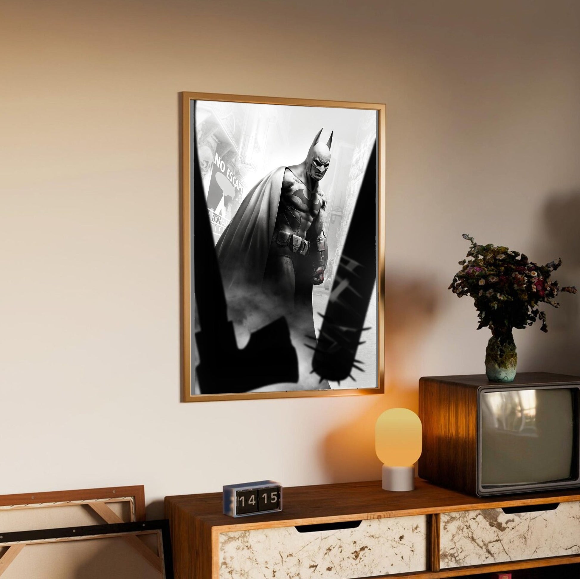 Batman Arkham City Batman vs thugs art poster in an oak frame above a sideboard