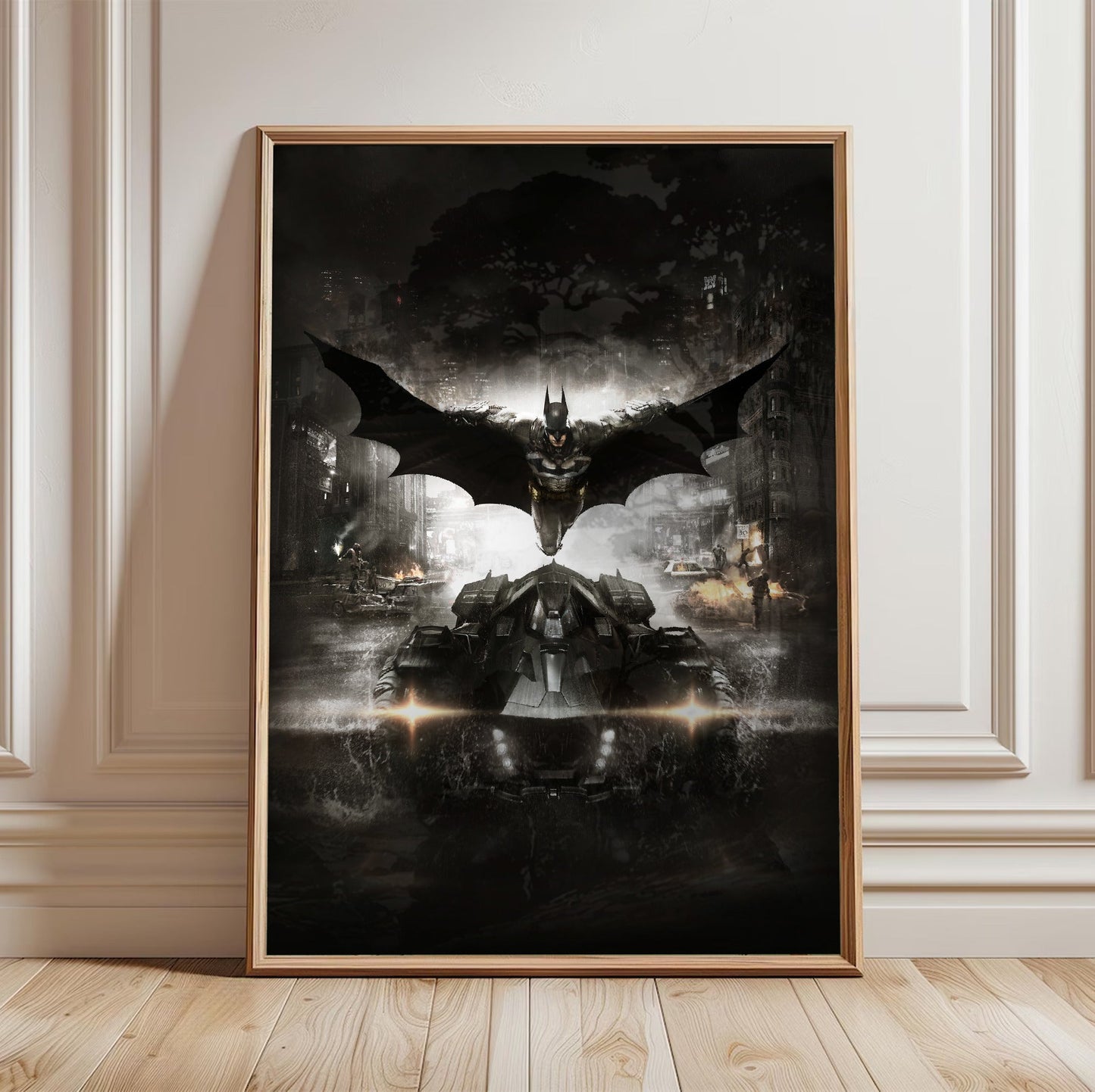 Batman Arkham Knight Batman and Batmobile key art poster in a light oak frame leaning against a white wall