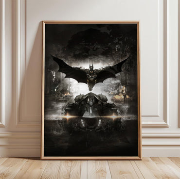 Batman Arkham Knight Batman and Batmobile key art poster in a light oak frame leaning against a white wall