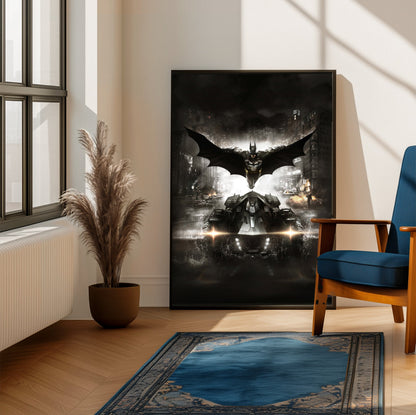 Batman Arkham Knight Batman and Batmobile key art poster framed beside a blue armchair in a sunlit room