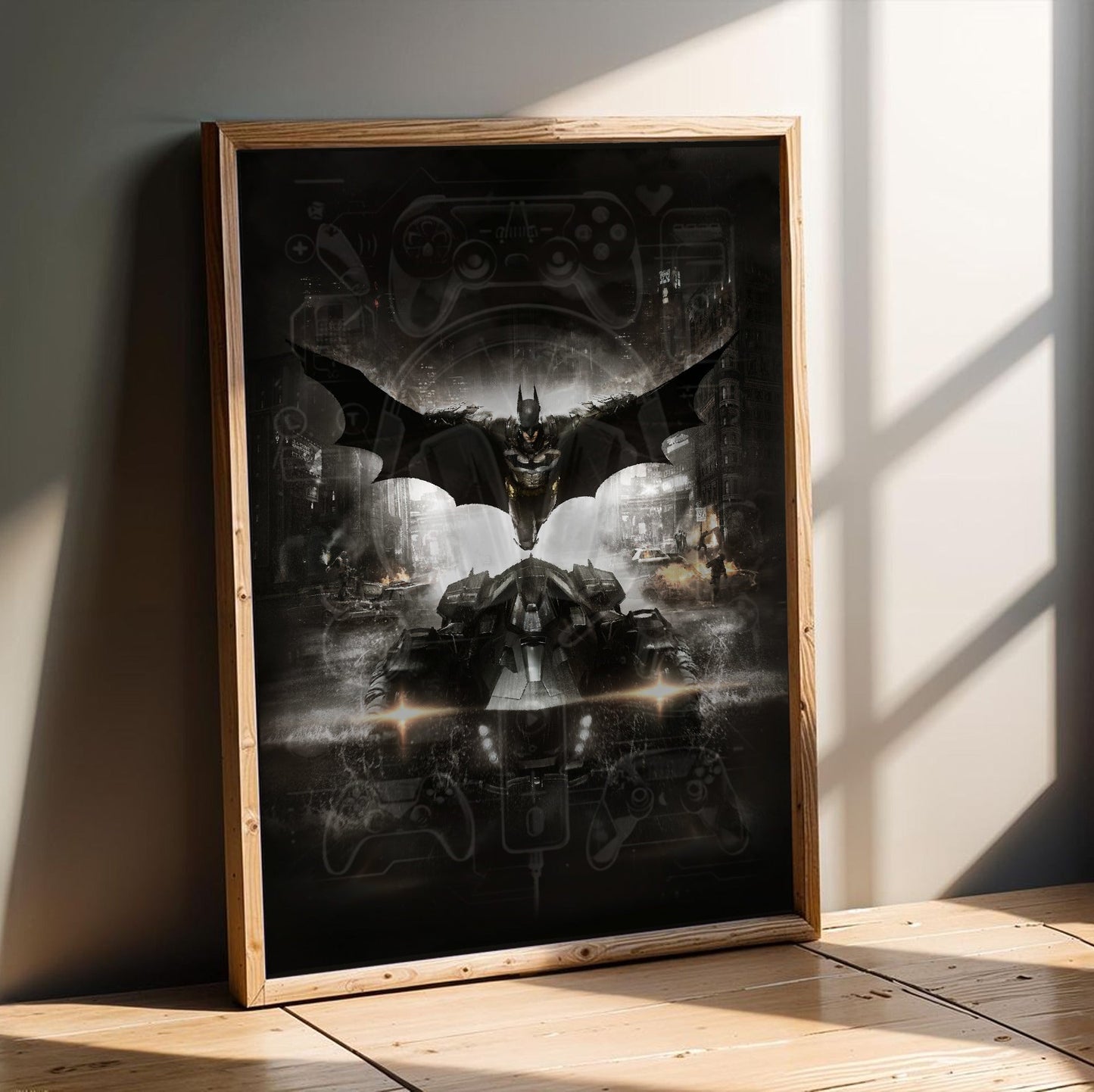 Batman Arkham Knight Batman and Batmobile key art poster in an oak frame leaning on a wooden floor