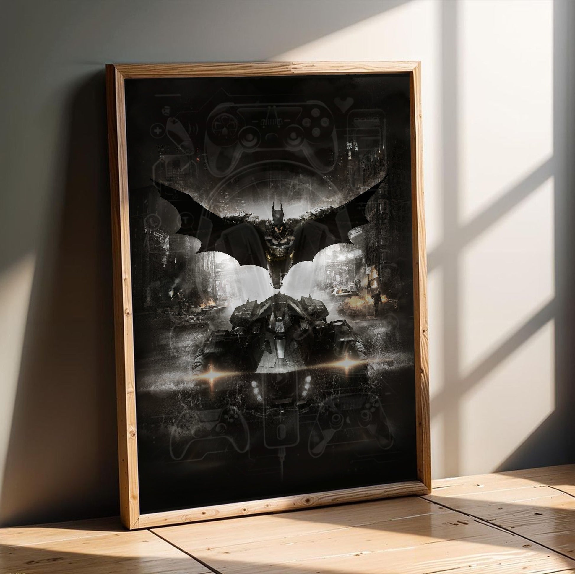 Batman Arkham Knight Batman and Batmobile key art poster in an oak frame leaning on a wooden floor