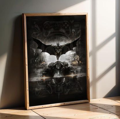 Batman Arkham Knight Batman and Batmobile key art poster in an oak frame leaning on a wooden floor