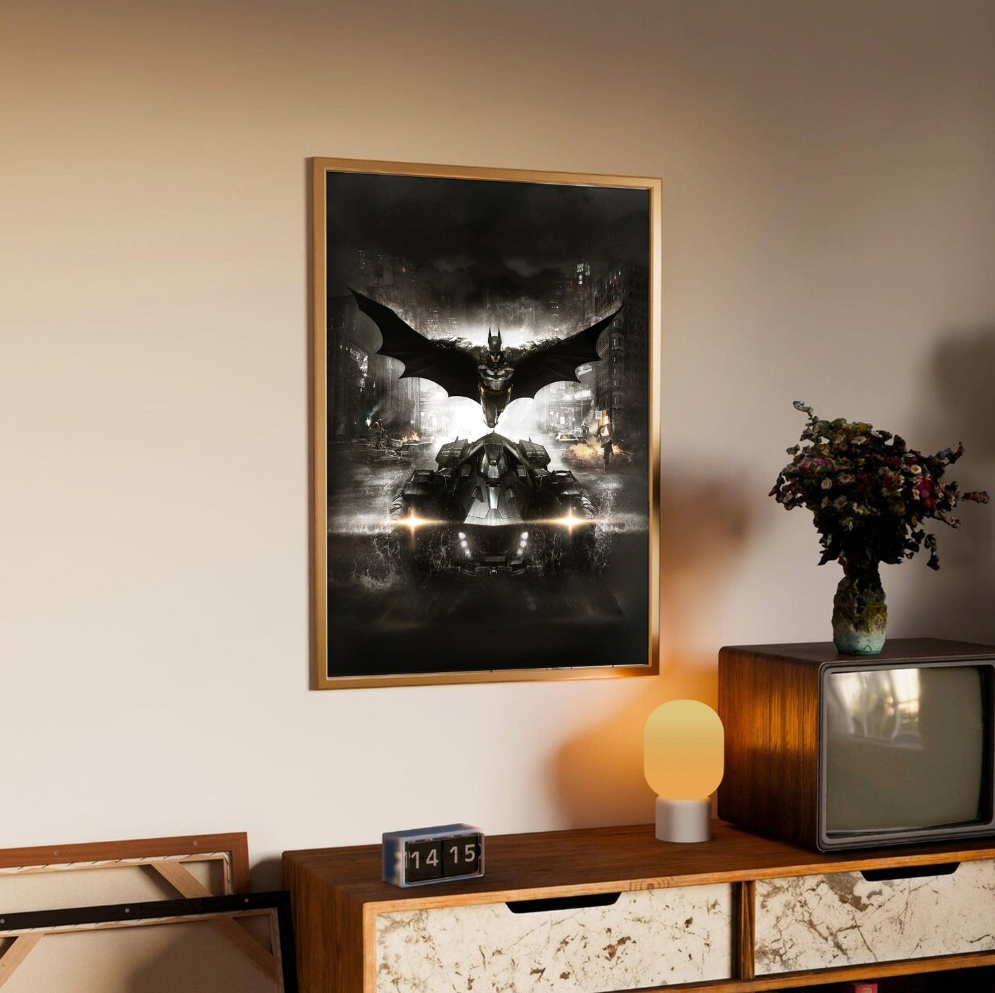 Batman Arkham Knight Batman and Batmobile key art poster in an oak frame above a sideboard