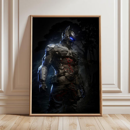 Batman Arkham Knight armoured Arkham Knight character art poster in a light oak frame leaning against a white wall