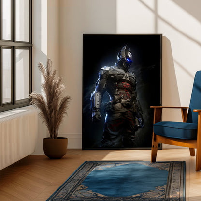 Batman Arkham Knight armoured Arkham Knight character art poster framed beside a blue armchair in a sunlit room