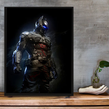Batman Arkham Knight armoured Arkham Knight character art poster in a black frame on a wooden shelf against concrete