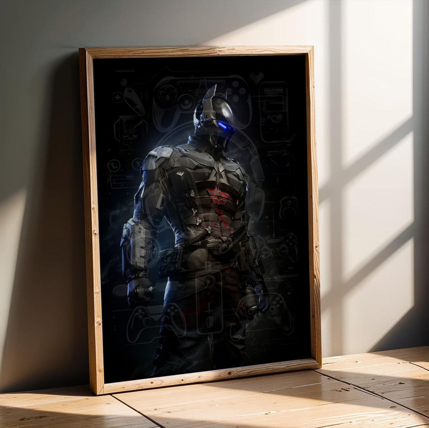 Batman Arkham Knight armoured Arkham Knight character art poster in an oak frame leaning on a wooden floor
