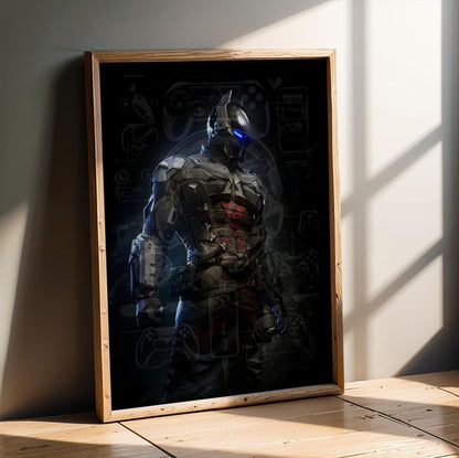 Batman Arkham Knight armoured Arkham Knight character art poster in an oak frame leaning on a wooden floor