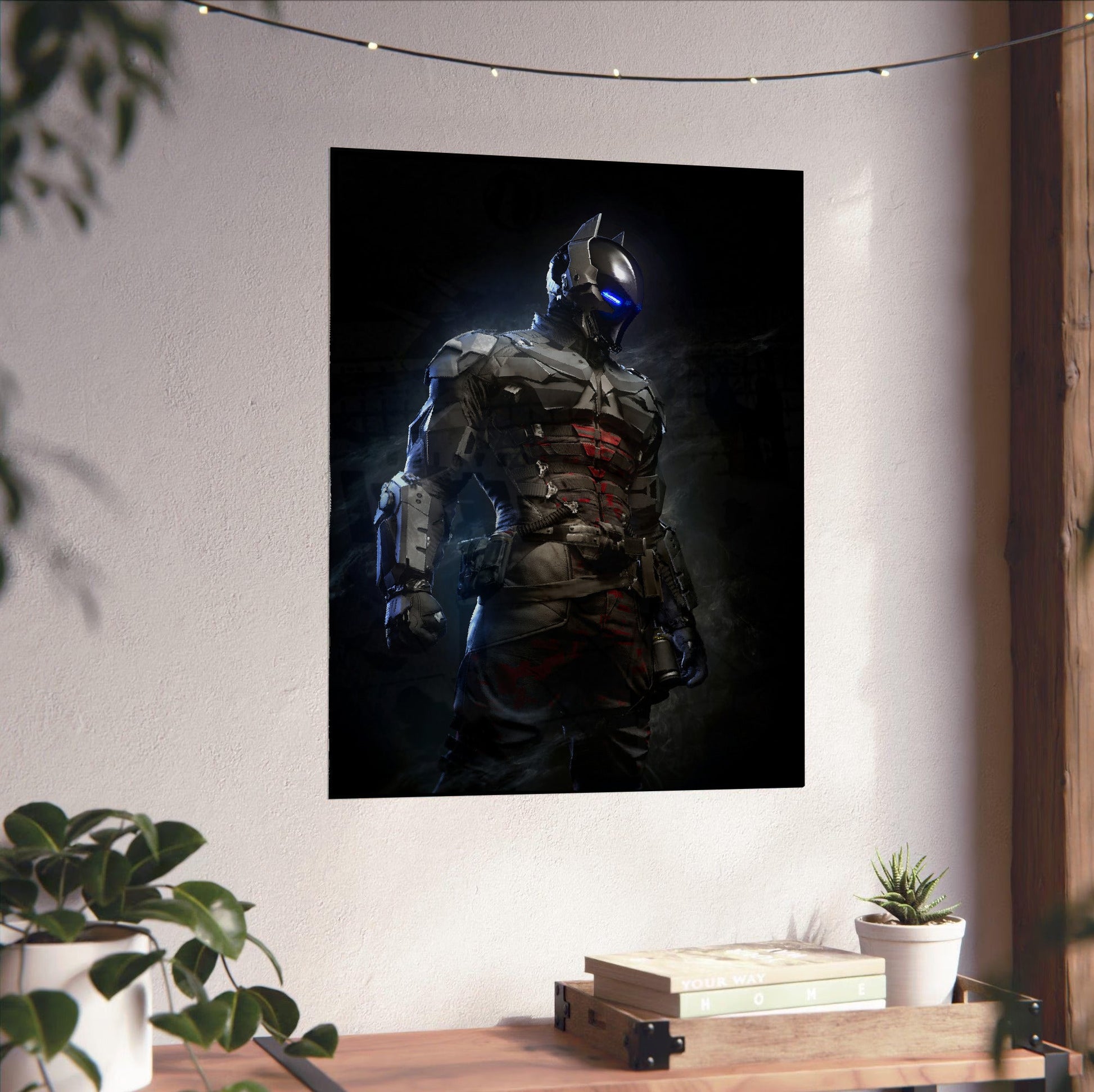 Batman Arkham Knight armoured Arkham Knight character art poster unframed on a white wall above a desk