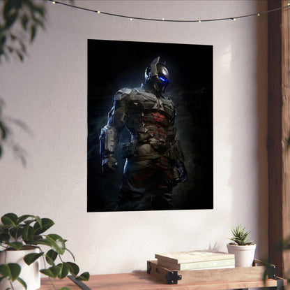 Batman Arkham Knight armoured Arkham Knight character art poster unframed on a white wall above a desk