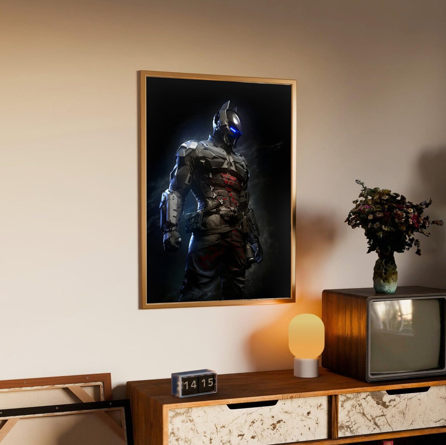 Batman Arkham Knight armoured Arkham Knight character art poster in an oak frame above a sideboard