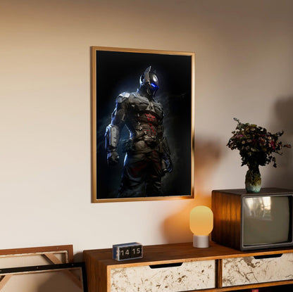 Batman Arkham Knight armoured Arkham Knight character art poster in an oak frame above a sideboard