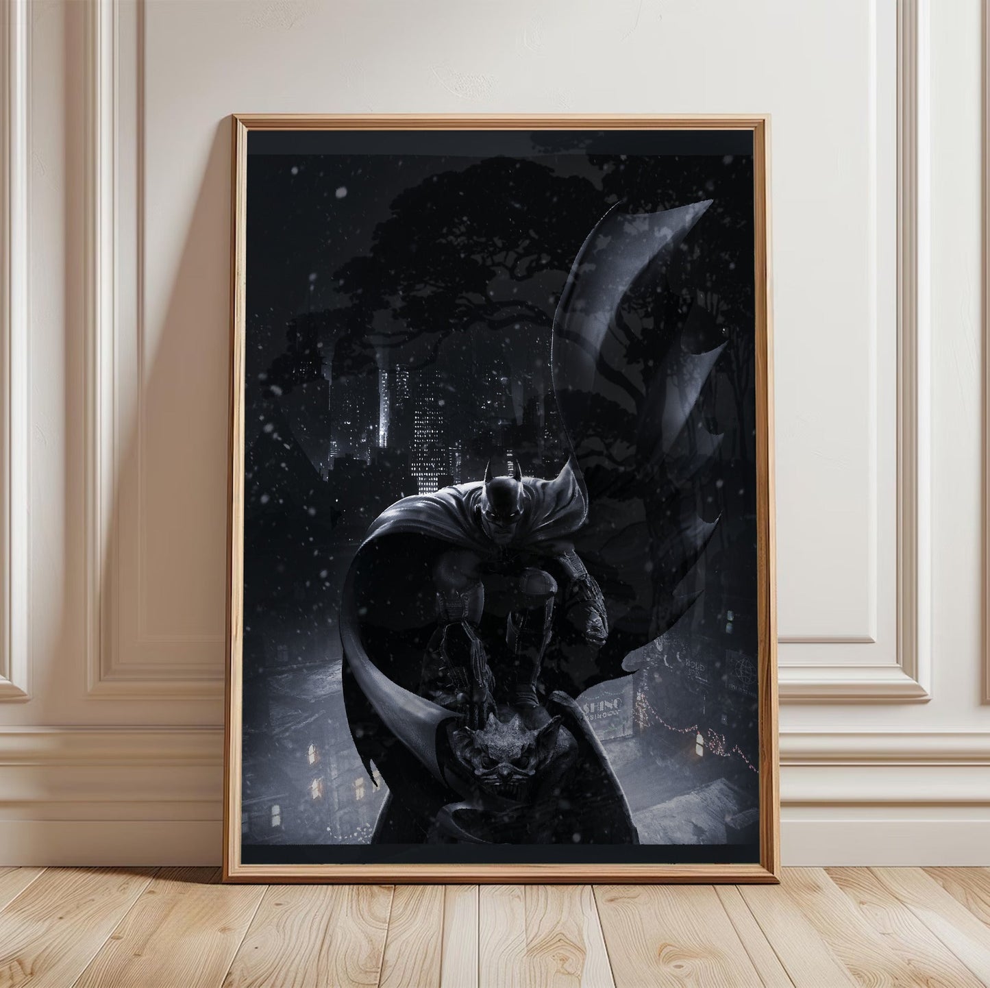 Batman Arkham Origins Batman key art poster in a light oak frame leaning against a white wall