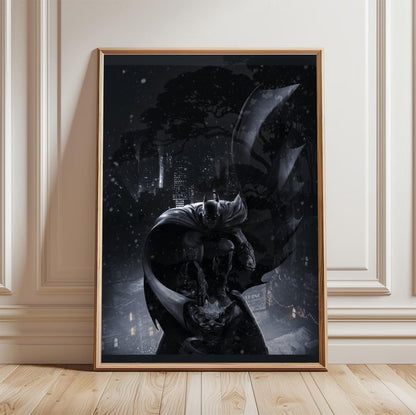 Batman Arkham Origins Batman key art poster in a light oak frame leaning against a white wall