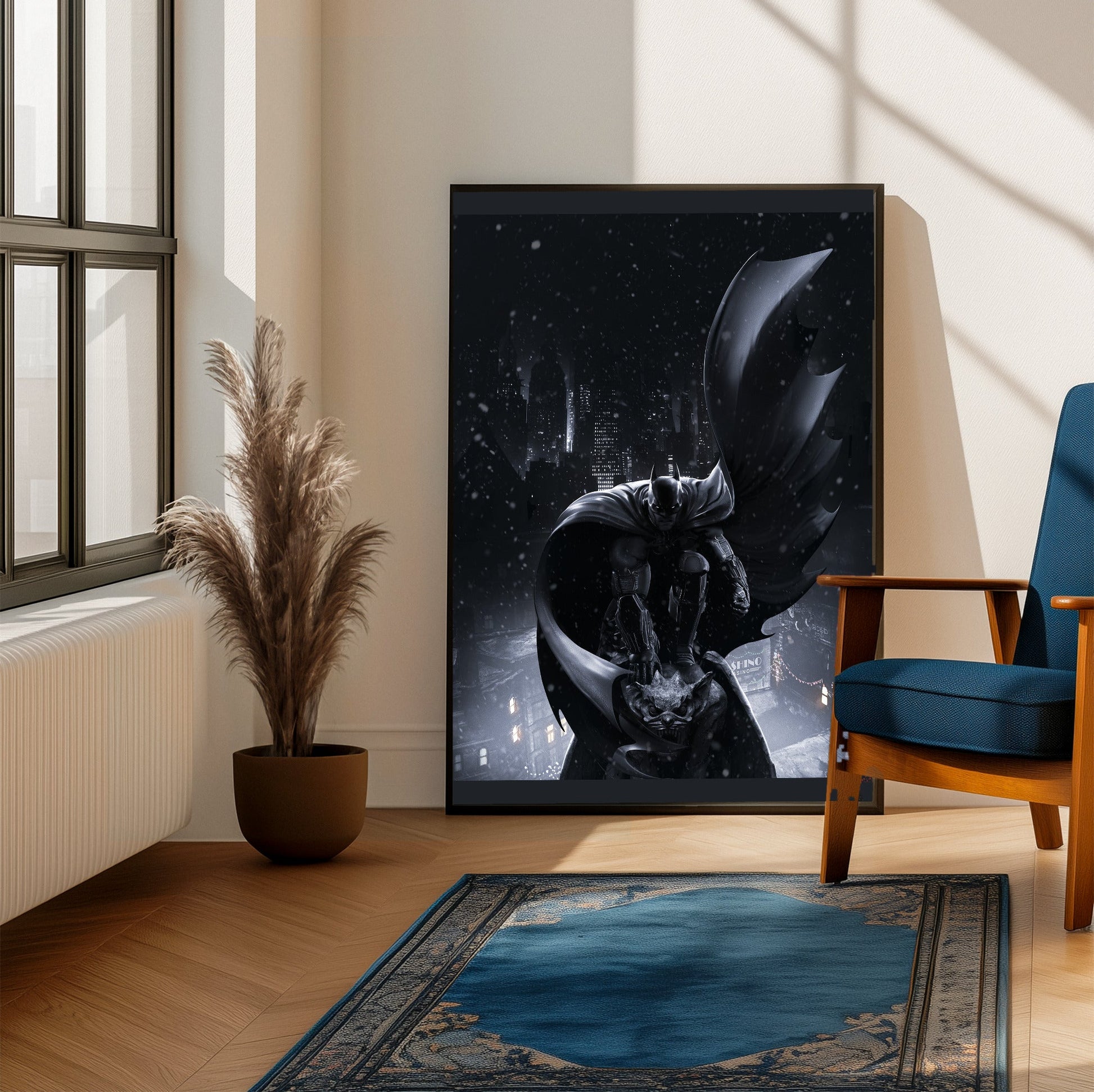 Batman Arkham Origins Batman key art poster framed beside a blue armchair in a sunlit room