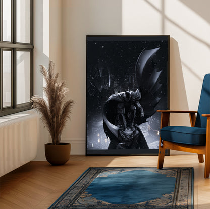 Batman Arkham Origins Batman key art poster framed beside a blue armchair in a sunlit room