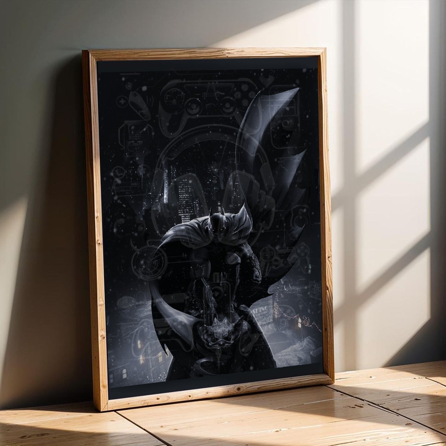 Batman Arkham Origins Batman key art poster in an oak frame leaning on a wooden floor