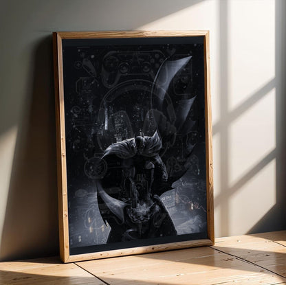 Batman Arkham Origins Batman key art poster in an oak frame leaning on a wooden floor