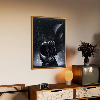 Batman Arkham Origins Batman key art poster in an oak frame above a sideboard