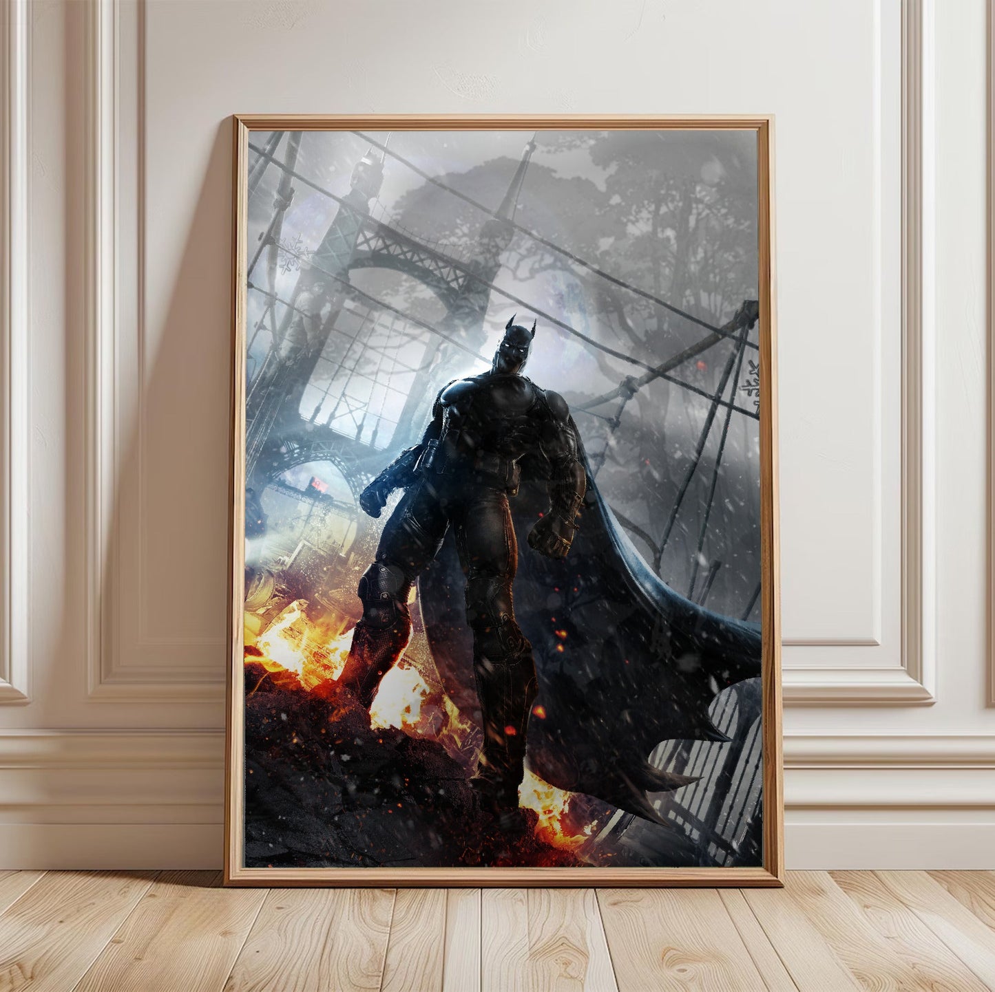 Batman Arkham Origins Batman rooftop promo art poster in a light oak frame leaning against a white wall