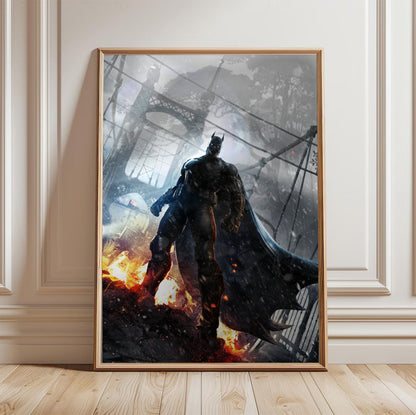 Batman Arkham Origins Batman rooftop promo art poster in a light oak frame leaning against a white wall