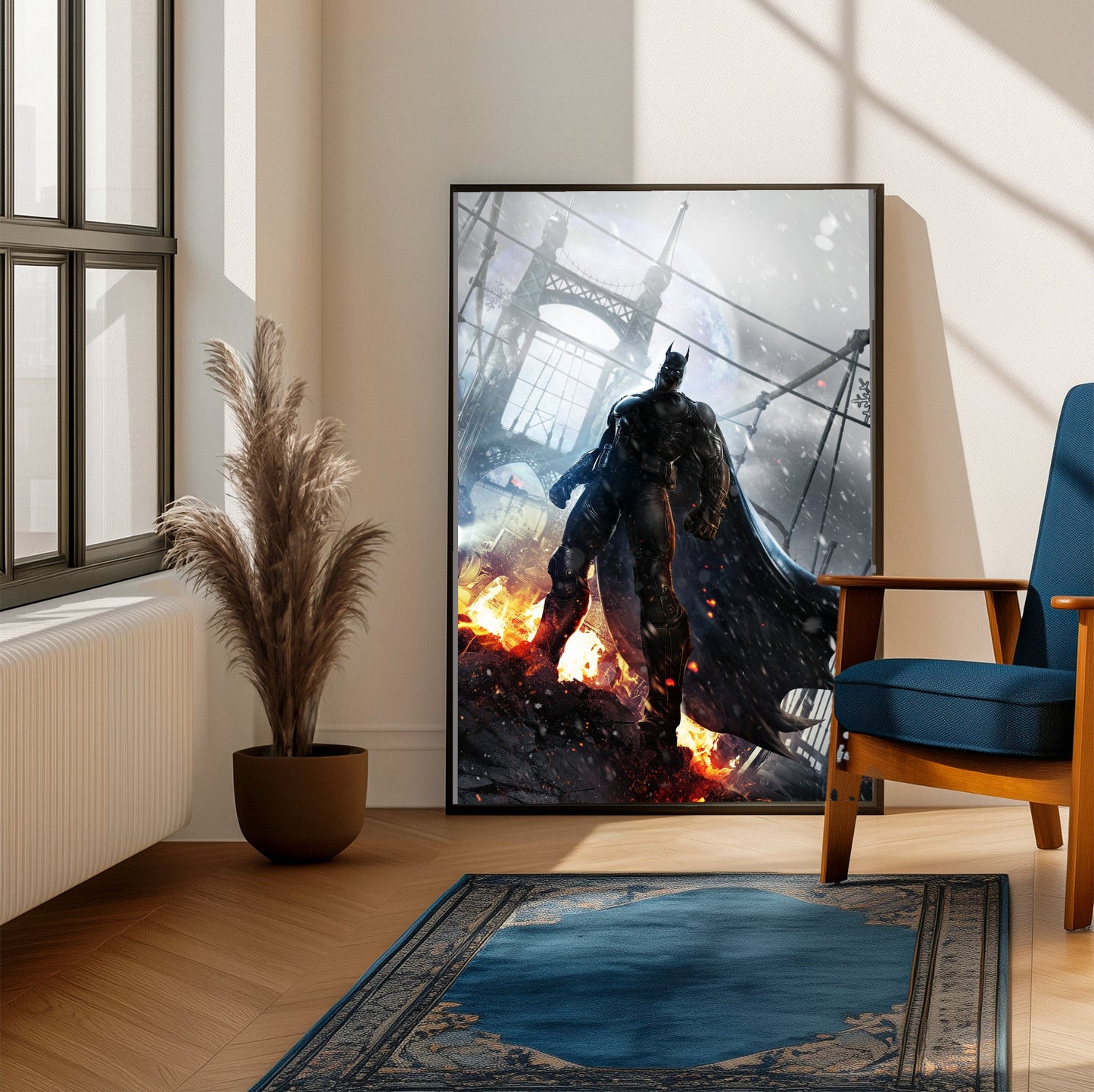Batman Arkham Origins Batman rooftop promo art poster framed beside a blue armchair in a sunlit room