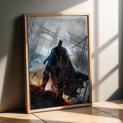 Batman Arkham Origins Batman rooftop promo art poster in an oak frame leaning on a wooden floor