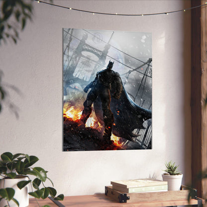 Batman Arkham Origins Batman rooftop promo art poster unframed on a white wall above a desk