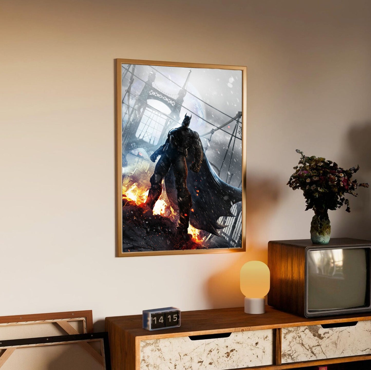 Batman Arkham Origins Batman rooftop promo art poster in an oak frame above a sideboard