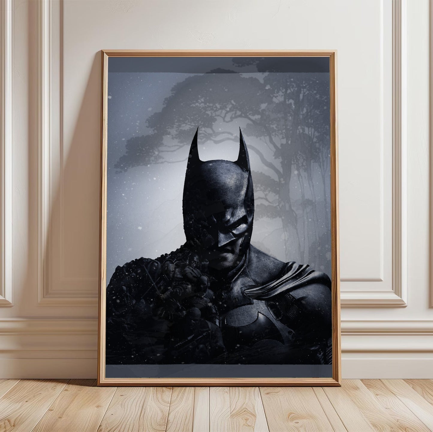 Batman Arkham Origins official cover art poster in a light oak frame leaning against a white wall